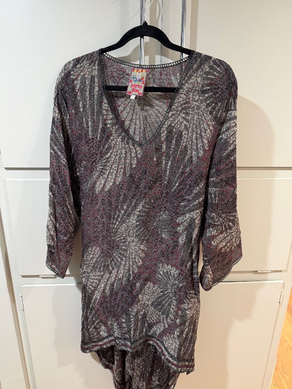 Johnny Was Sheer Printed Tunic Top L Boho Tie Back Draped Hem